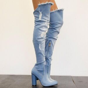 Denim Distressed Over-the-Knee Boots